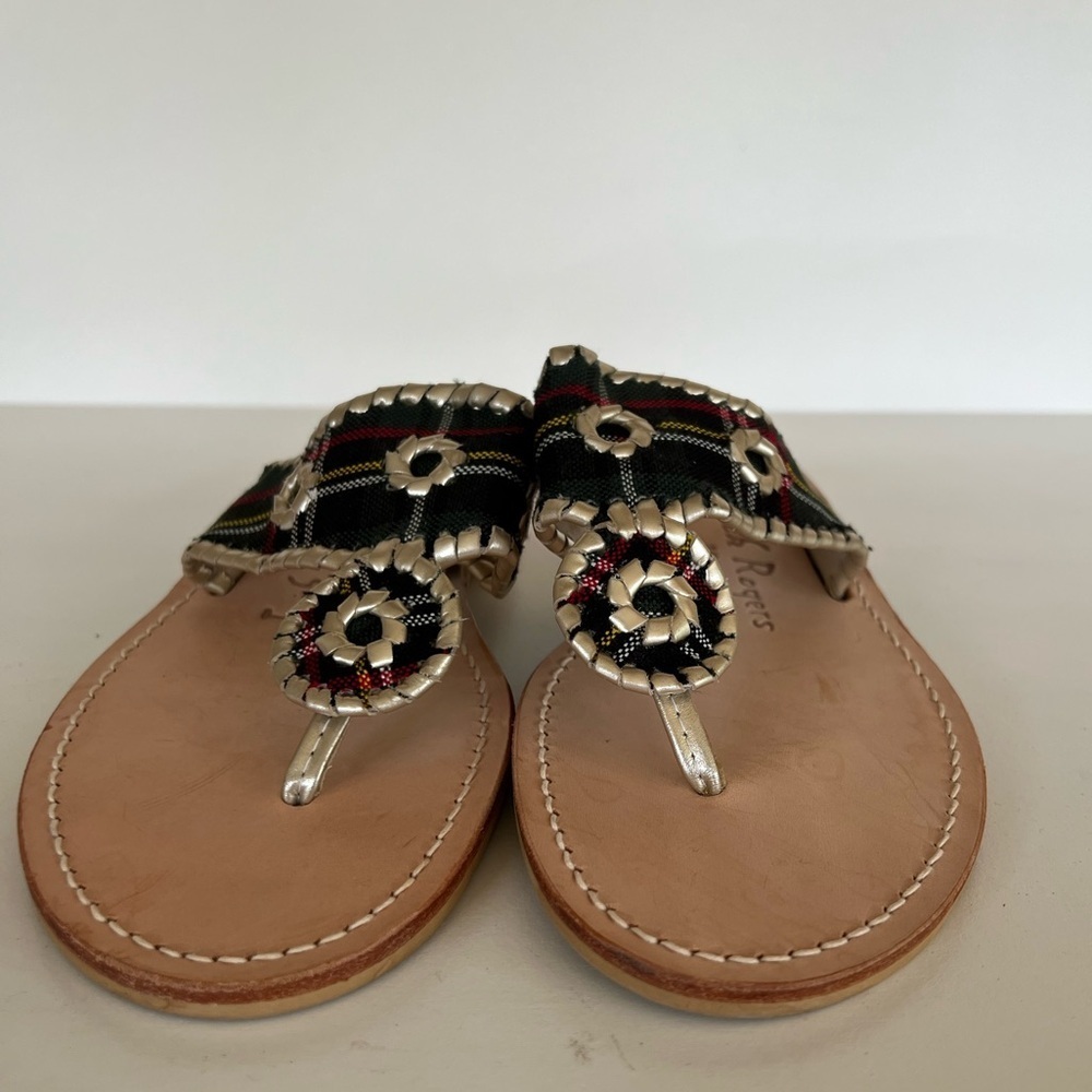 Jack Rogers 1960 Handmade Leather Green Tartan Gold Trim Plaid Flat Sandals, 9M - Picture 5 of 8
